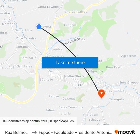 Rua Belmonte, 54 to Fupac - Faculdade Presidente Antônio Carlos De Ubá map