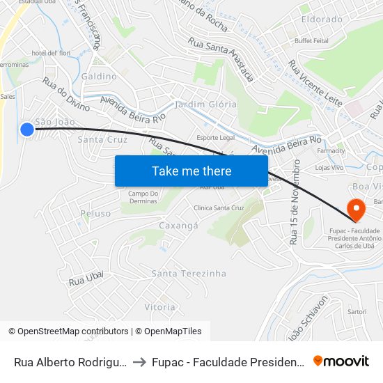 Rua Alberto Rodrigues Baião, 320-348 to Fupac - Faculdade Presidente Antônio Carlos De Ubá map