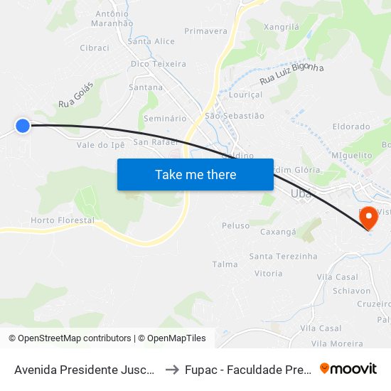 Avenida Presidente Juscelino Kubitscheck De Oliveira 2205 to Fupac - Faculdade Presidente Antônio Carlos De Ubá map
