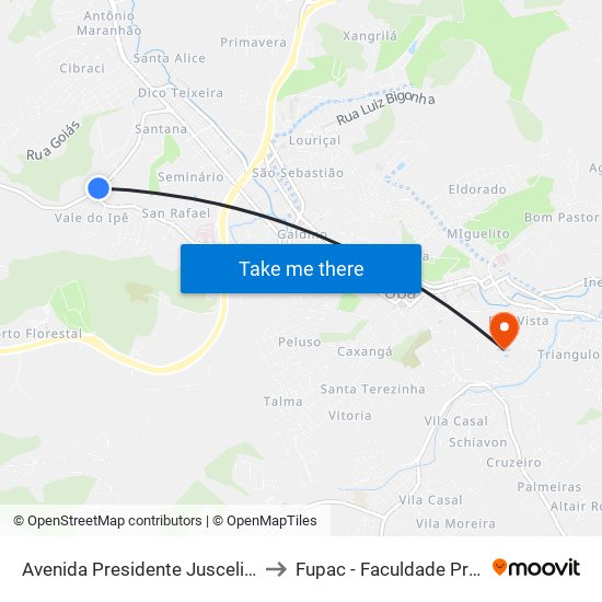 Avenida Presidente Juscelino Kubitscheck De Oliveira, 1000-1150 to Fupac - Faculdade Presidente Antônio Carlos De Ubá map