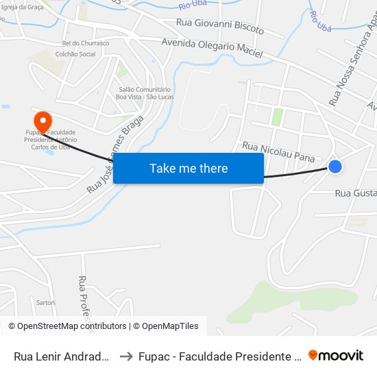 Rua Lenir Andrade Campos, 195 to Fupac - Faculdade Presidente Antônio Carlos De Ubá map