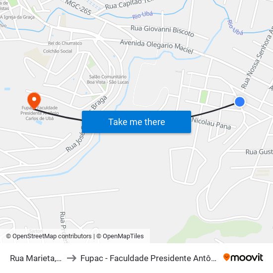 Rua Marieta, 75-133 to Fupac - Faculdade Presidente Antônio Carlos De Ubá map