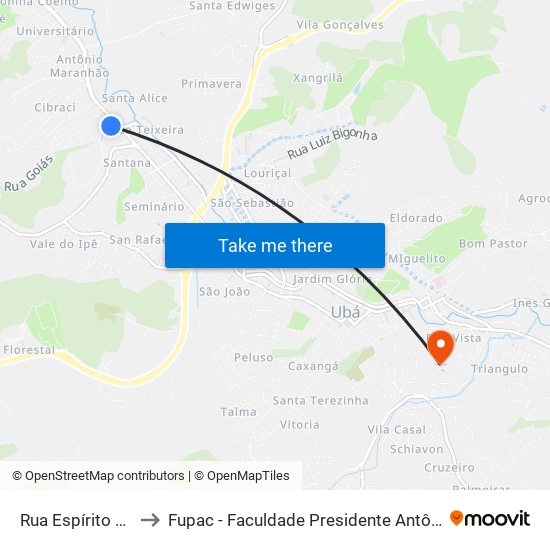 Rua Espírito Santo 14 to Fupac - Faculdade Presidente Antônio Carlos De Ubá map