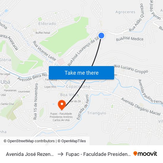 Avenida José Rezende Brando, 462-510 to Fupac - Faculdade Presidente Antônio Carlos De Ubá map