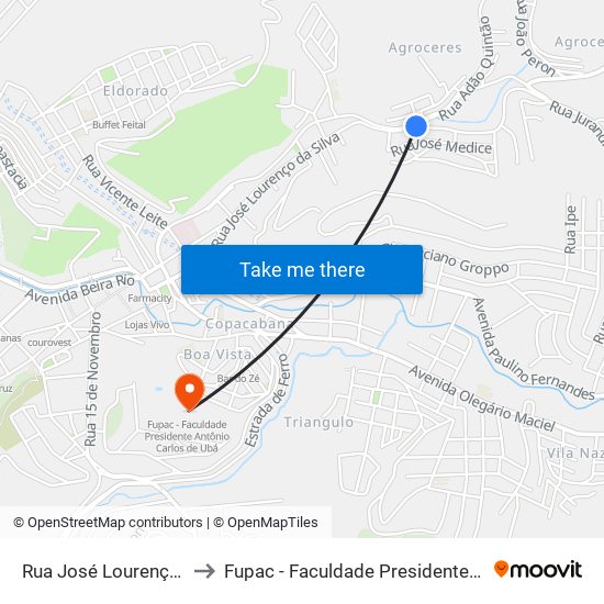 Rua José Lourenço Da Silva, 2-18 to Fupac - Faculdade Presidente Antônio Carlos De Ubá map