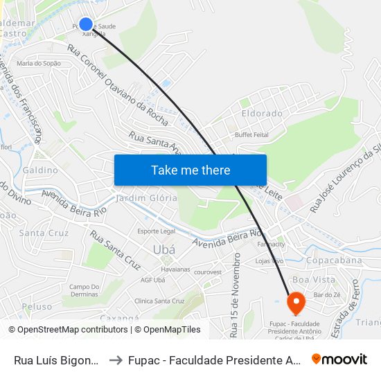 Rua Luís Bigonha, 331-397 to Fupac - Faculdade Presidente Antônio Carlos De Ubá map