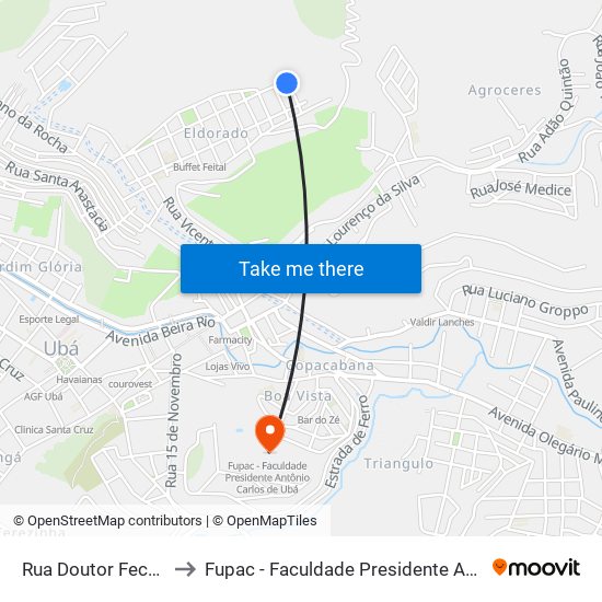 Rua Doutor Fecas, 728-786 to Fupac - Faculdade Presidente Antônio Carlos De Ubá map