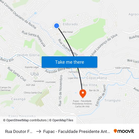 Rua Doutor Fecas, 157 to Fupac - Faculdade Presidente Antônio Carlos De Ubá map