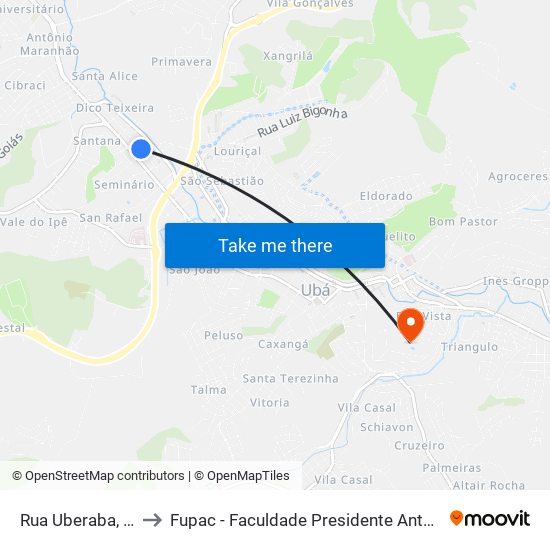 Rua Uberaba, 320-324 to Fupac - Faculdade Presidente Antônio Carlos De Ubá map