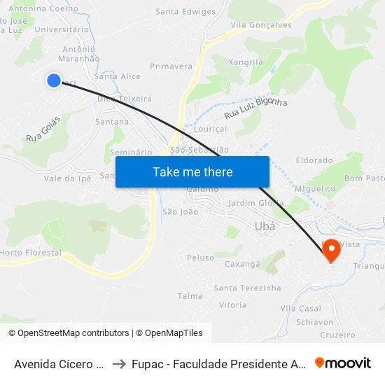 Avenida Cícero Silveira, 133 to Fupac - Faculdade Presidente Antônio Carlos De Ubá map