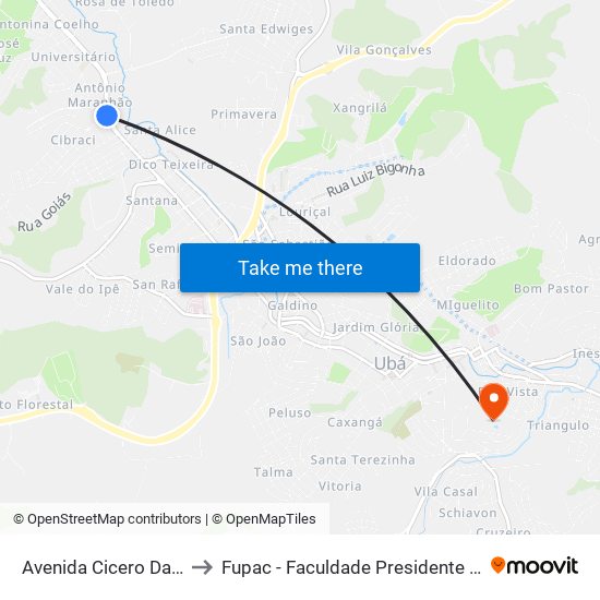 Avenida Cicero Da Silveira, 17-49 to Fupac - Faculdade Presidente Antônio Carlos De Ubá map