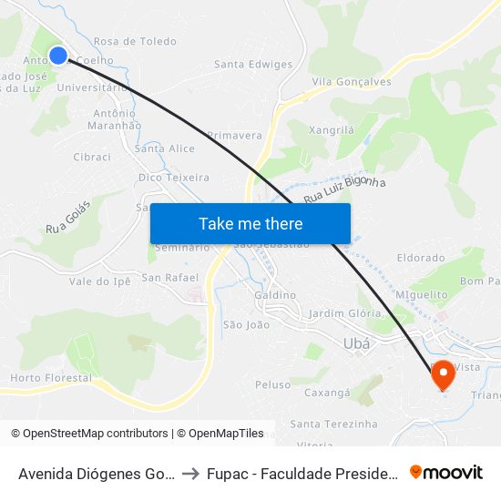 Avenida Diógenes Gomes Da Silva, 77-239 to Fupac - Faculdade Presidente Antônio Carlos De Ubá map