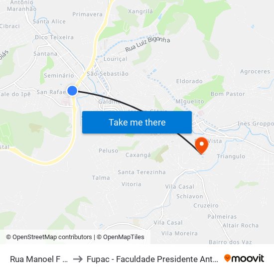 Rua Manoel F Costa, 69 to Fupac - Faculdade Presidente Antônio Carlos De Ubá map