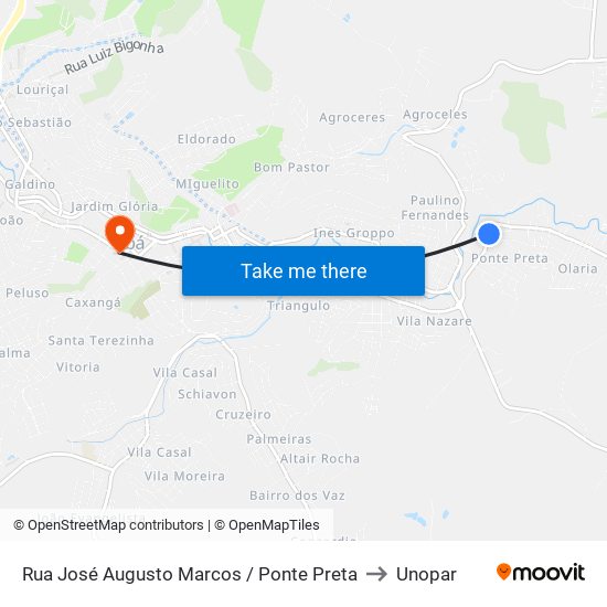 Rua José Augusto Marcos / Ponte Preta to Unopar map