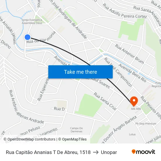 Rua Capitão Ananias T De Abreu, 1518 to Unopar map