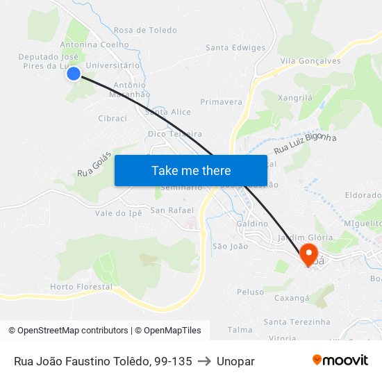 Rua João Faustino Tolêdo, 99-135 to Unopar map