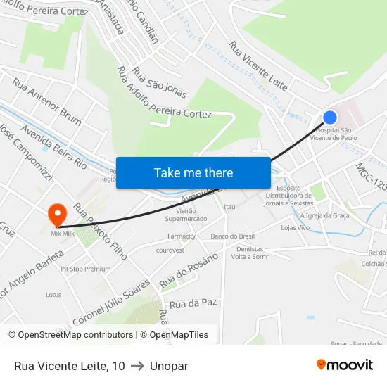 Rua Vicente Leite, 10 to Unopar map