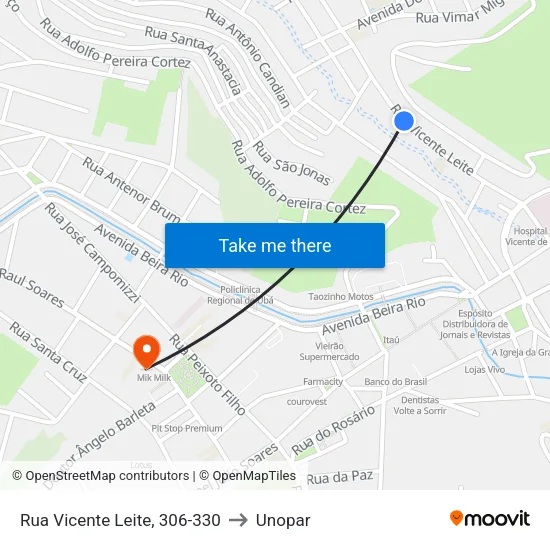 Rua Vicente Leite, 306-330 to Unopar map