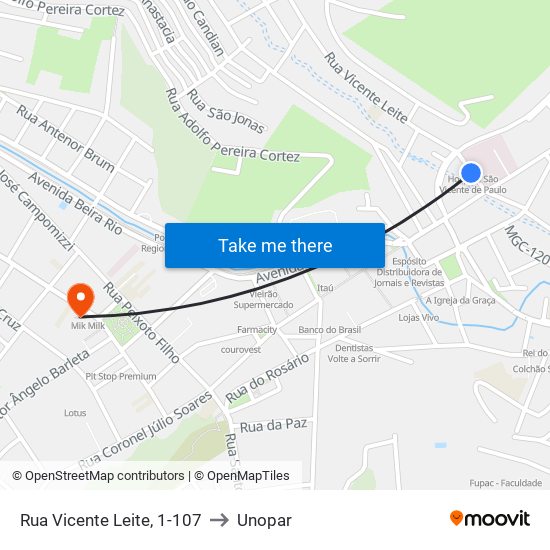 Rua Vicente Leite, 1-107 to Unopar map