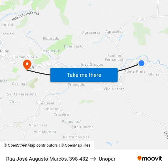 Rua José Augusto Marcos, 398-432 to Unopar map
