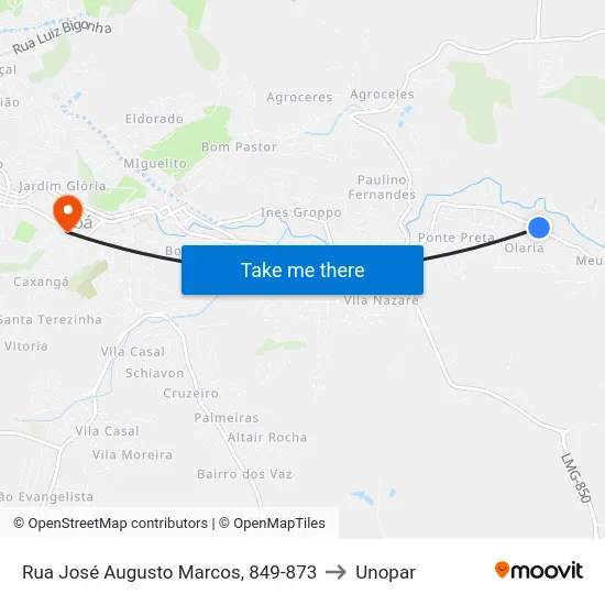 Rua José Augusto Marcos, 849-873 to Unopar map