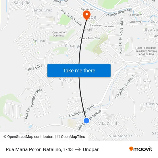 Rua Maria Perón Natalino, 1-43 to Unopar map