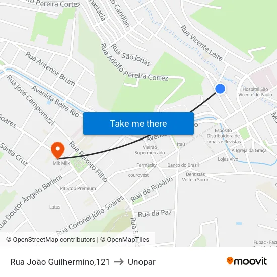 Rua João Guilhermino,121 to Unopar map