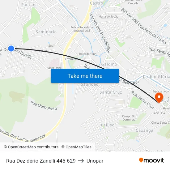 Rua Dezidério Zanelli 445-629 to Unopar map