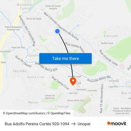 Rua Adolfo Pereira Cortês 920-1094 to Unopar map