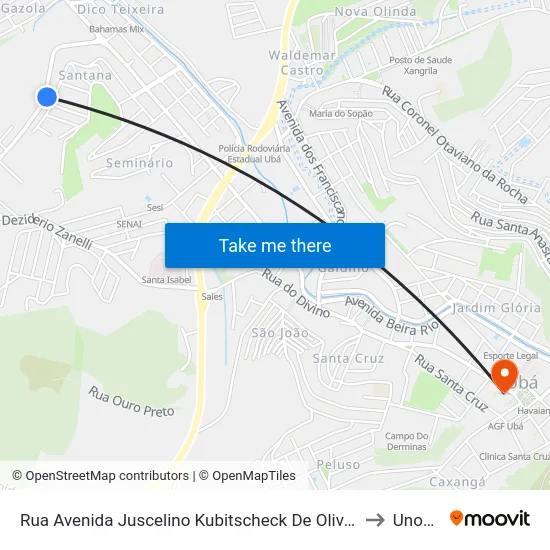 Rua Avenida Juscelino Kubitscheck De Oliveira 12 to Unopar map
