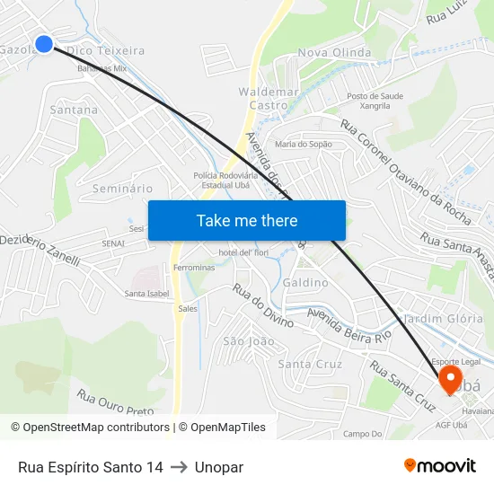 Rua Espírito Santo 14 to Unopar map
