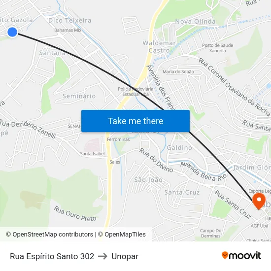 Rua Espírito Santo 302 to Unopar map