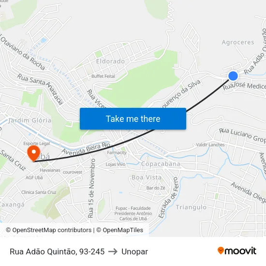 Rua Adão Quintão, 93-245 to Unopar map