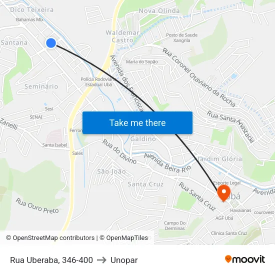 Rua Uberaba, 346-400 to Unopar map