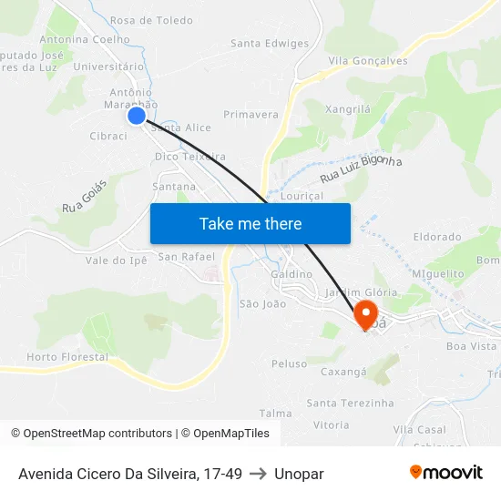 Avenida Cicero Da Silveira, 17-49 to Unopar map