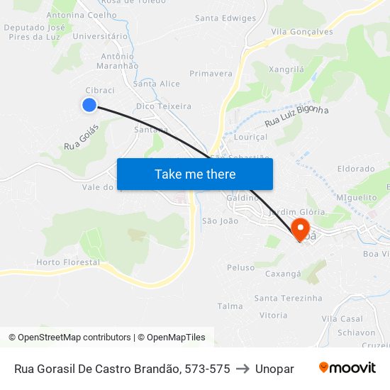 Rua Gorasil De Castro Brandão, 573-575 to Unopar map