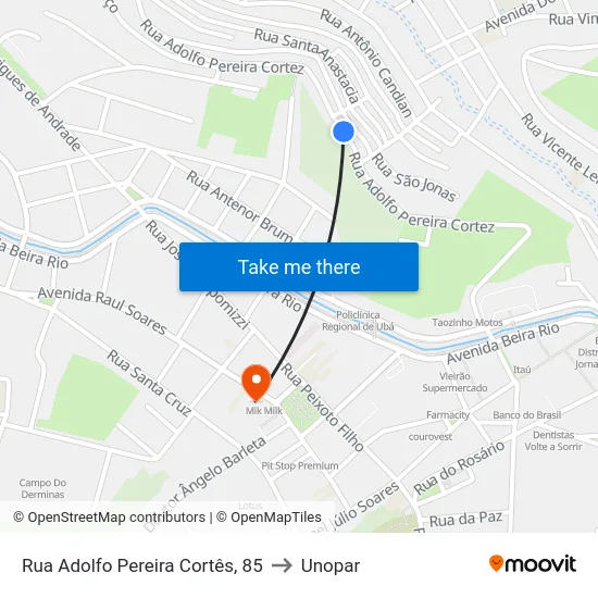 Rua Adolfo Pereira Cortês, 85 to Unopar map