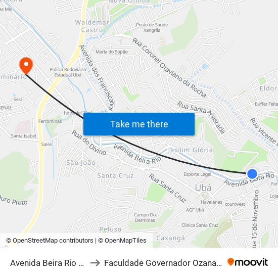 Avenida Beira Rio / Rodoviária to Faculdade Governador Ozanam Coelho - Fagoc map