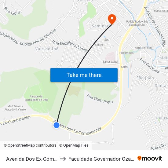 Avenida Dos Ex-Combatentes/Horto to Faculdade Governador Ozanam Coelho - Fagoc map