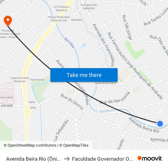 Avenida Beira Rio (Ônibus Intermunicipal) to Faculdade Governador Ozanam Coelho - Fagoc map