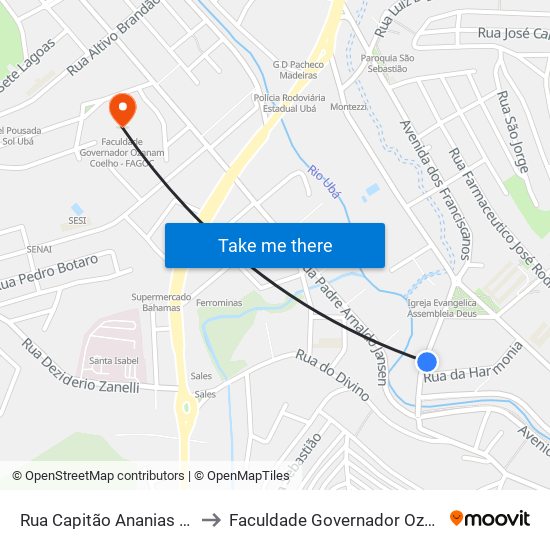 Rua Capitão Ananias T De Abreu, 1518 to Faculdade Governador Ozanam Coelho - Fagoc map