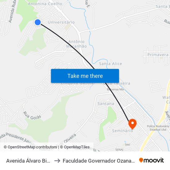 Avenida Álvaro Bigonha, 2-36 to Faculdade Governador Ozanam Coelho - Fagoc map