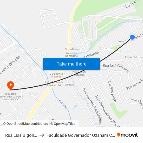 Rua Luís Bigonha, 241 to Faculdade Governador Ozanam Coelho - Fagoc map