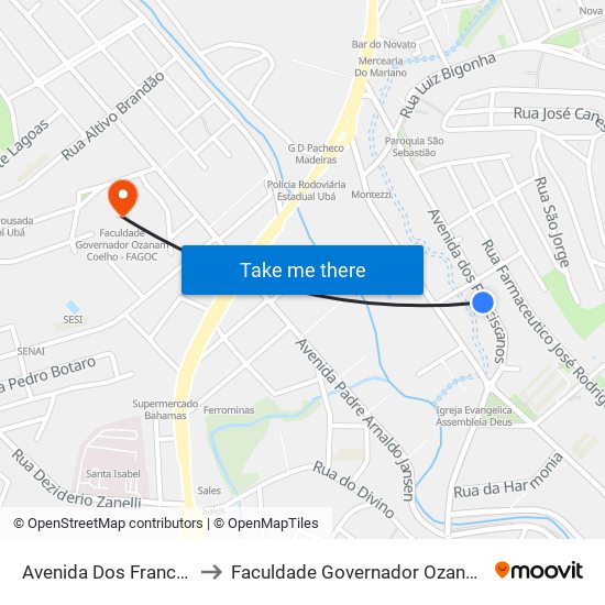 Avenida Dos Franciscanos, 175 to Faculdade Governador Ozanam Coelho - Fagoc map
