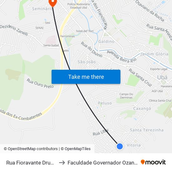 Rua Fioravante Druda, 1010-1062 to Faculdade Governador Ozanam Coelho - Fagoc map