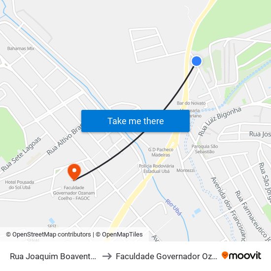 Rua Joaquim Boaventura Da Silveira, 364 to Faculdade Governador Ozanam Coelho - Fagoc map