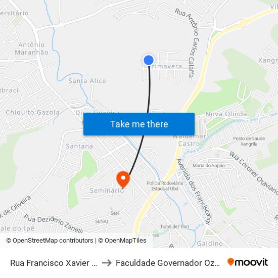 Rua Francisco Xavier Gomes, 326-370 to Faculdade Governador Ozanam Coelho - Fagoc map