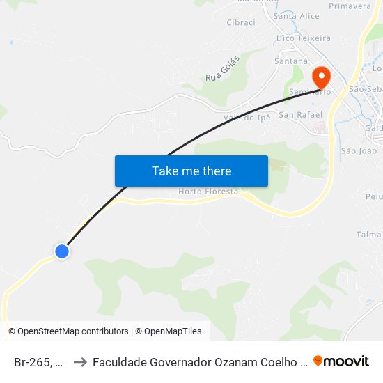 Br-265, 145 to Faculdade Governador Ozanam Coelho - Fagoc map