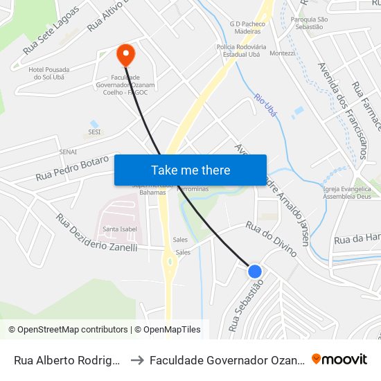 Rua Alberto Rodrigues Baião, 140 to Faculdade Governador Ozanam Coelho - Fagoc map