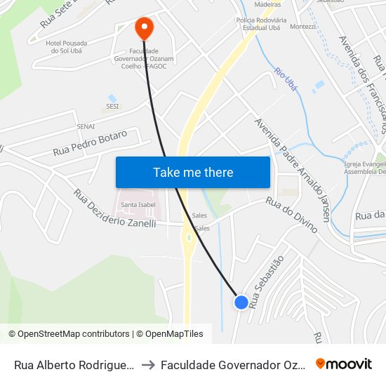 Rua Alberto Rodrigues Baião, 320-348 to Faculdade Governador Ozanam Coelho - Fagoc map